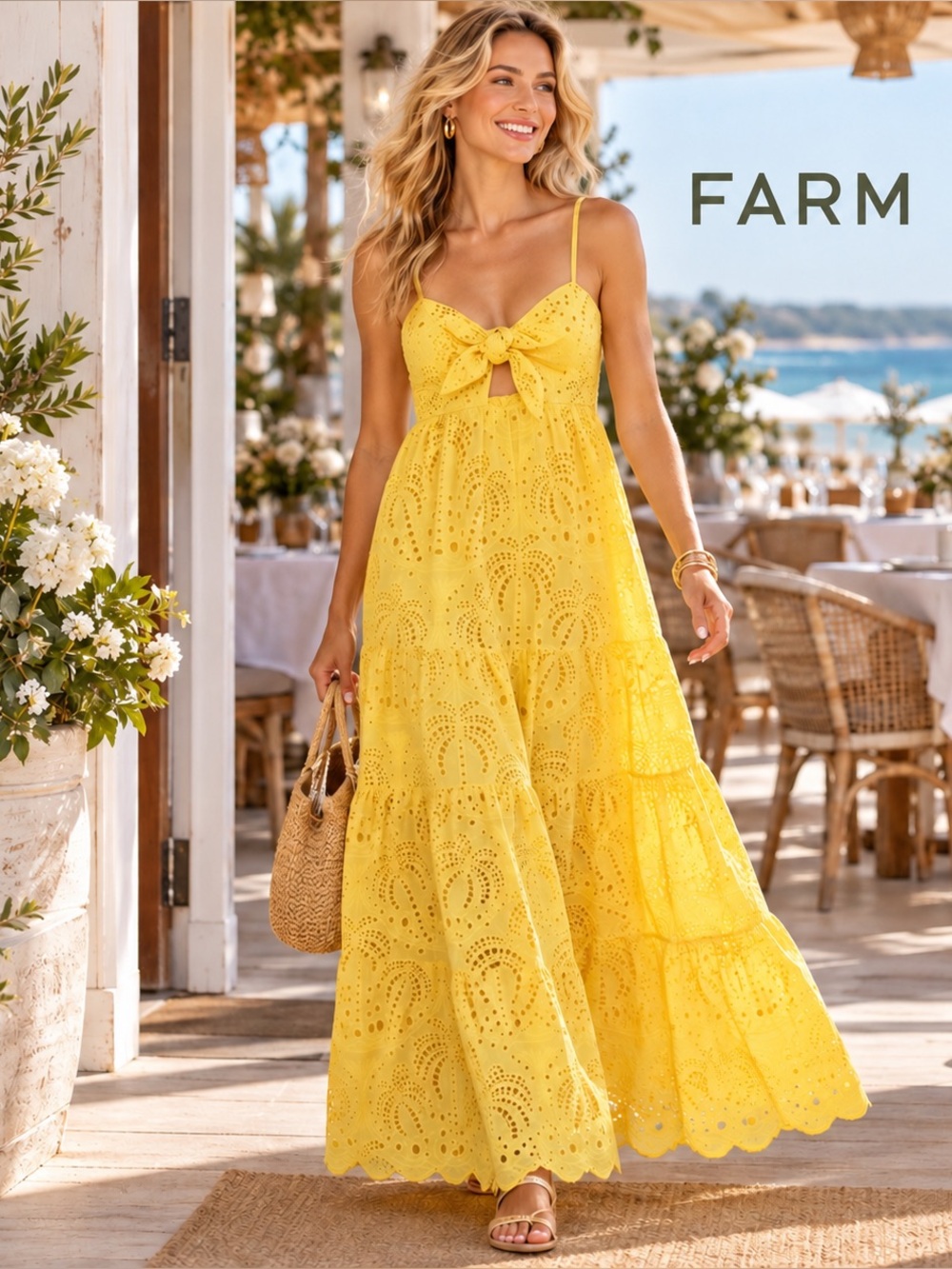 🌸FARM Sunny Yellow Eyelet Tie-Front Maxi Dress size S Boho Chic Resort Coastal